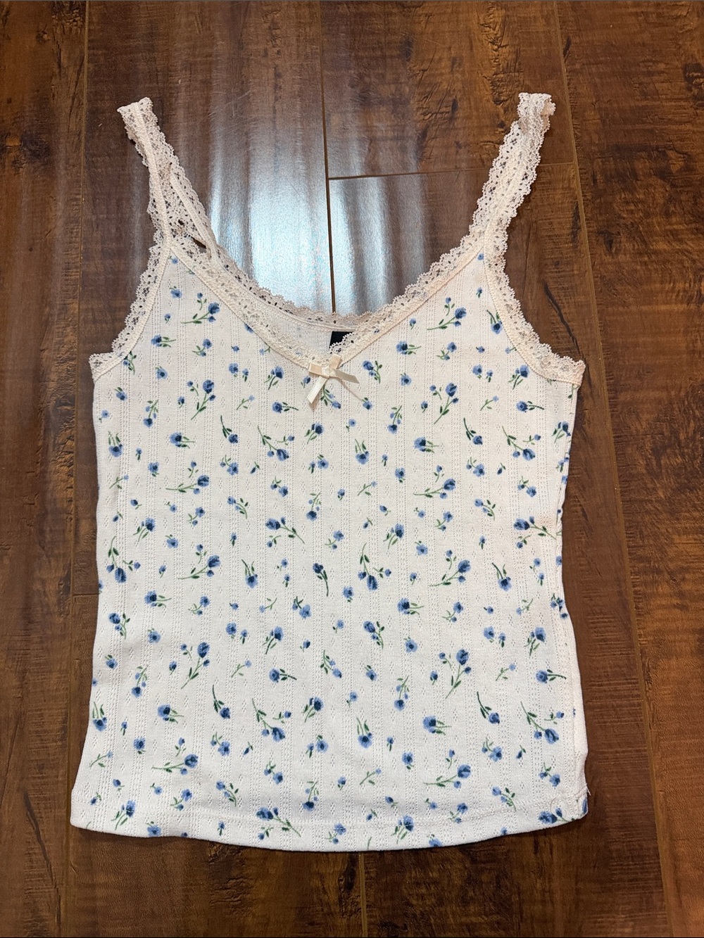Divided White Camisole with Blue Floral Print and Lace Trim